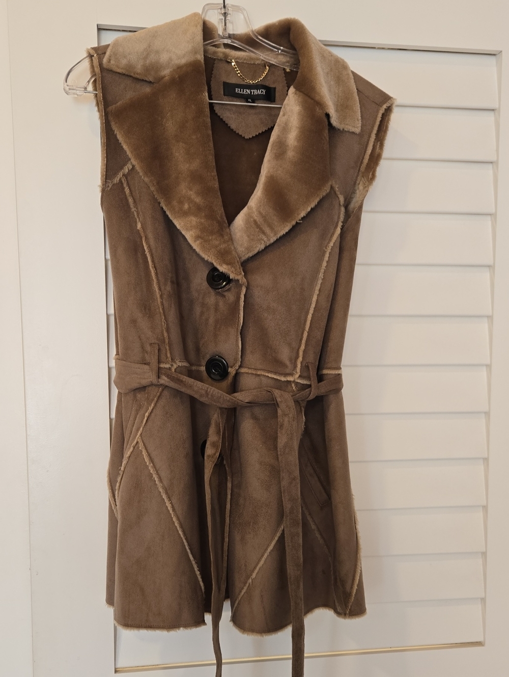 Ellen Tracy Taupe Brown Faux-Suede Sleeveless Belted Vest